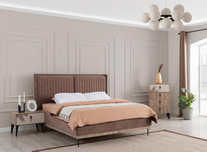 Braunes Schlafzimmer Set Polster Doppelbett 2x Nachttische Holz Kommode